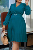 Khakifarbenes, elegantes, einfarbiges, plissiertes Patchwork-Kleid in A-Linie