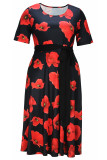 Schwarz-rotes, elegantes Patchwork-Kleid mit O-Ausschnitt und A-Linie in Übergröße