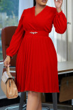 Khakifarbenes, elegantes, einfarbiges, plissiertes Patchwork-Kleid in A-Linie