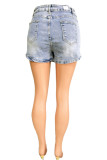 Pantalones cortos de mezclilla regular de cintura media con cremallera y botones de bolsillo de patchwork liso azul azul