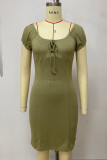 Olive Green Street Solid Bandage Hollowed Out Patchwork Square Collar Wrapped Skirt Dresses