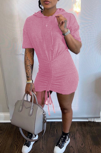 ピンク ストリート ソリッド パッチワーク ドローストリング フード付き襟 ラップ スカート ドレス