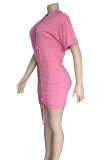 Pink Street Vestidos de falda envueltos con cuello con capucha y cordón de retazos lisos