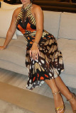 Black Gold Street Print Patchwork Backless Mandarin Collar Long Dresses