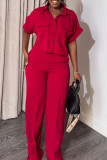 Deep Pink Sweet Solid Patchwork Pocket Buckle Shirt Collar Short Sleeve Two Pieces Blouse Tops And Wide Leg Pants