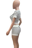 White Casual Striped Patchwork O Neck Short Sleeve Two Pieces
