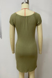 Verde oliva rua sólida bandagem escavada retalhos gola quadrada vestidos de saia enrolada