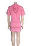 Pink Street Solid Patchwork Draw String Hooded Collar Wrapped Skirt Dresses