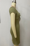 Olive Green Street Solid Bandage Hollowed Out Patchwork Square Collar Wrapped Skirt Dresses