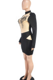 黒のセクシーなパッチワーク シースルー マンダリン カラー ラップ スカート ドレス