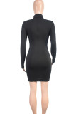黒のセクシーなパッチワーク シースルー マンダリン カラー ラップ スカート ドレス