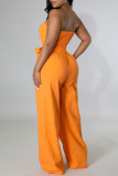 Yellow Casual Solid Bandage Patchwork Pocket Strapless Regular Front Tie Tube Wide Leg Jumpsuits