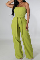 Green Casual Solid Bandage Patchwork Pocket Strapless Regular Front Tie Tube Wide Leg Jumpsuits