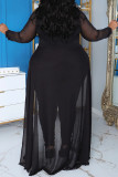 Blue Casual Solid Patchwork V Neck Plus Size Jumpsuits