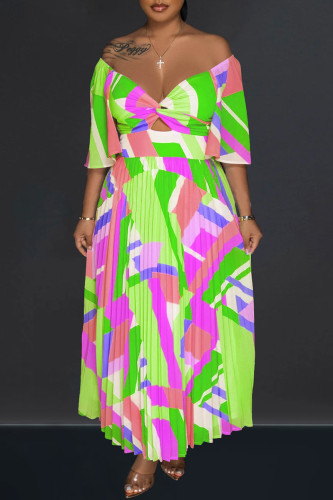 Groene elegante print patchwork geplooid off-shoulder A-lijn jurken