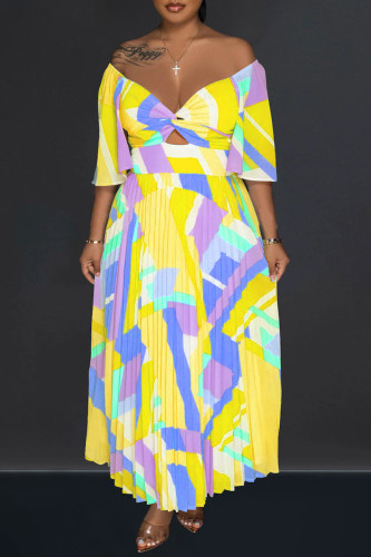 Yellow Elegant Print Patchwork Pleated Off the Shoulder A Line Dresses