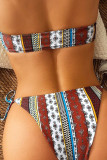 Dark Red Sportswear Print Bandage Hollowed Out Patchwork Swimwears(With Paddings)