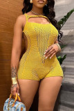 Green Sweet Solid Hollowed Out Patchwork See-through O Neck Women's Sexy Cutout Bodycon Knitted High-Waisted Skinny Romper