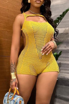 Yellow Sweet Solid Hollowed Out Patchwork See-through O Neck Women's Sexy Cutout Bodycon Knitted High-Waisted Skinny Romper