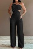 Yellow Sexy Casual Solid Bandage Backless Spaghetti Strap Skinny Jumpsuits