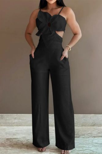 Black Sexy Casual Solid Bandage Backless Spaghetti Strap Skinny Jumpsuits