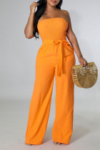 Orangefarbene, lässige, einfarbige, einfarbige, trägerlose, reguläre Jumpsuits mit Taschen und Patchwork