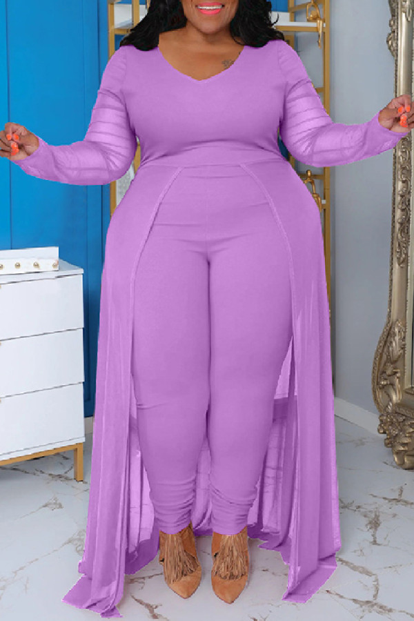 Light Purple Casual Solid Patchwork V Neck Plus Size Jumpsuits
