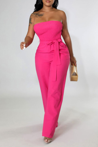Red Casual Solid Bandage Patchwork Pocket Strapless Regular Front Tie Tube Wide Leg Jumpsuits