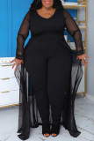 Blue Casual Solid Patchwork V Neck Plus Size Jumpsuits