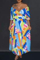 Blauwe elegante print patchwork geplooid off-shoulder A-lijn jurken