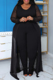 Blue Casual Solid Patchwork V Neck Plus Size Jumpsuits