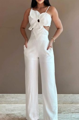 White Sexy Casual Solid Bandage Backless Spaghetti Strap Skinny Jumpsuits