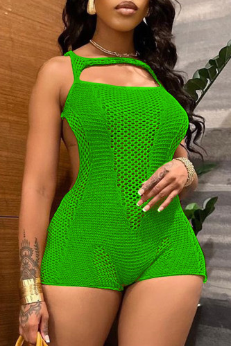 Green Sweet Solid Hollowed Out Patchwork See-through O Neck Skinny Rompers