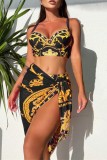 Red Sexy Print Frenulum Backless Swimsuit Three Piece Set (With Paddings)