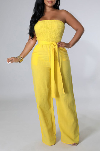 Yellow Casual Solid Bandage Patchwork Pocket Strapless Regular Front Tie Tube Wide Leg Jumpsuits