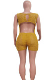 Green Sweet Solid Hollowed Out Patchwork See-through O Neck Women's Sexy Cutout Bodycon Knitted High-Waisted Skinny Romper