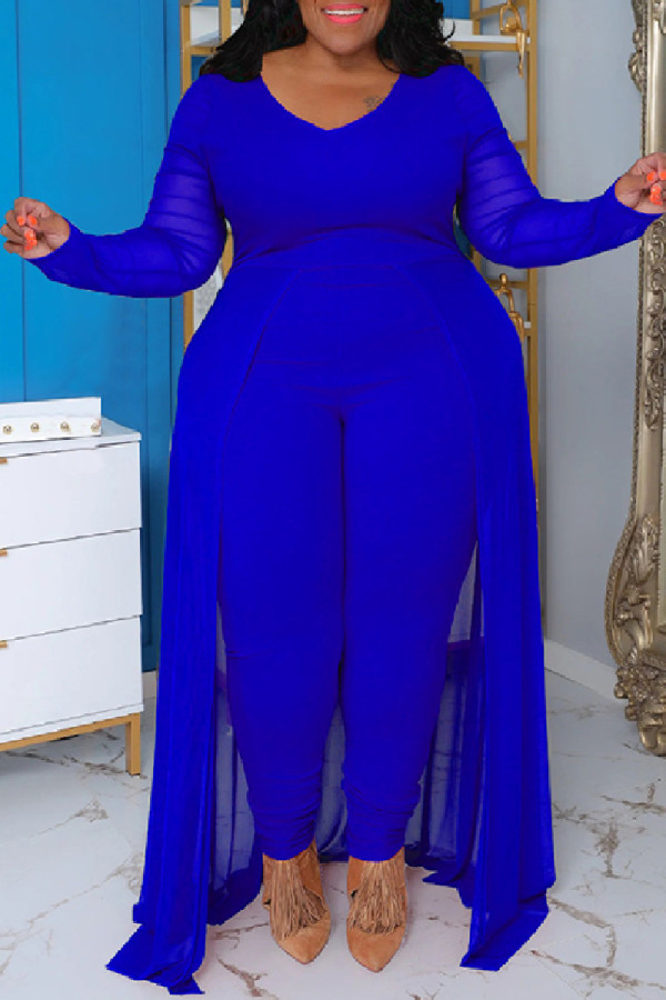 Blue Casual Solid Patchwork V Neck Plus Size Jumpsuits