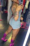 Light Blue Solid Bandage Patchwork Backless Halter Skinny Rompers