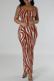 Orange Sexy Striped Hollowed Out Patchwork U Neck Long Tank Bodycon Maxi Dresses