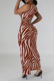 Brown Sexy Striped Hollowed Out Patchwork U Neck Long Tank Bodycon Maxi Dresses