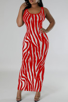 Rode sexy gestreepte uitgeholde patchwork lange jurken met U-hals