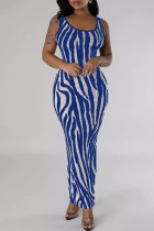 Blue Sexy Striped Hollowed Out Patchwork U Neck Long Tank Bodycon Maxi Dresses