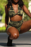 Camouflage Street Camouflage Print Patchwork V Neck Sleeveless Two Pieces