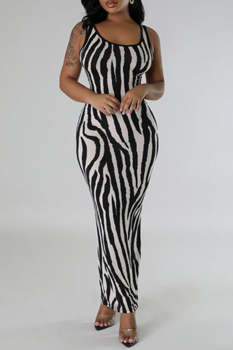 Black Sexy Striped Hollowed Out Patchwork U Neck Long Tank Bodycon Maxi Dresses