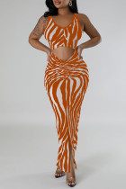 Оранжевые сексуальные полосатые выдолбленные лоскутные длинные платья с U-образным вырезом