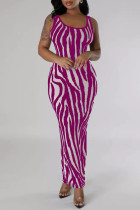 Purple Sexy Striped Hollowed Out Patchwork U Neck Long Tank Bodycon Maxi Dresses