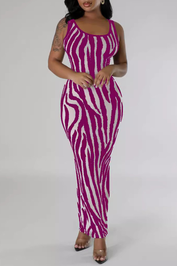 Purple Sexy Striped Hollowed Out Patchwork U Neck Long Tank Bodycon Maxi Dresses