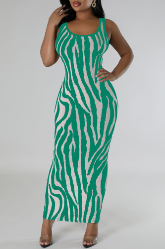 Green Sexy Striped Hollowed Out Patchwork U Neck Long Tank Bodycon Maxi Dresses
