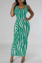 Green Sexy Striped Hollowed Out Patchwork U Neck Long Dresses