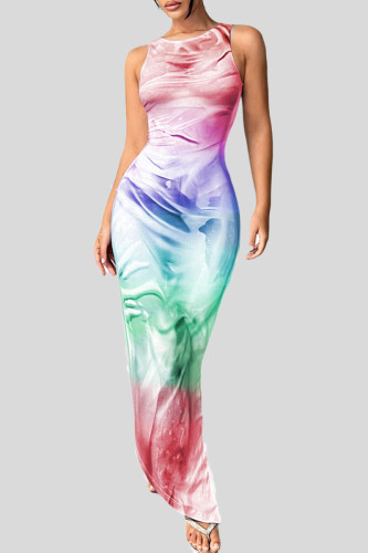 Regenbogenfarbenes, elegantes, bedrucktes, langes Patchwork-Kleid mit Schlitz und O-Ausschnitt
